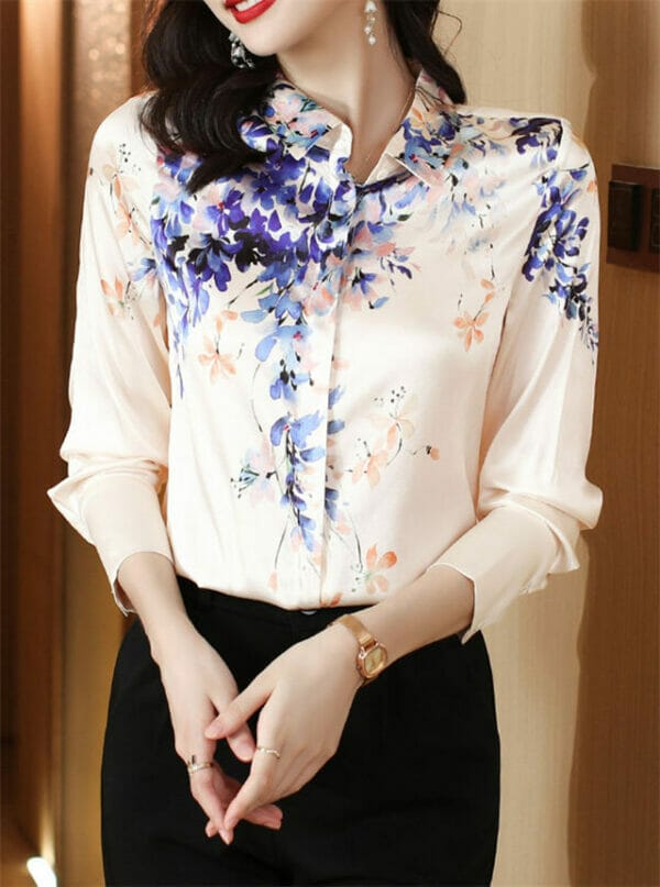 Pretty 2 Colors Flowers Shirt Collar Silk Blouse 1