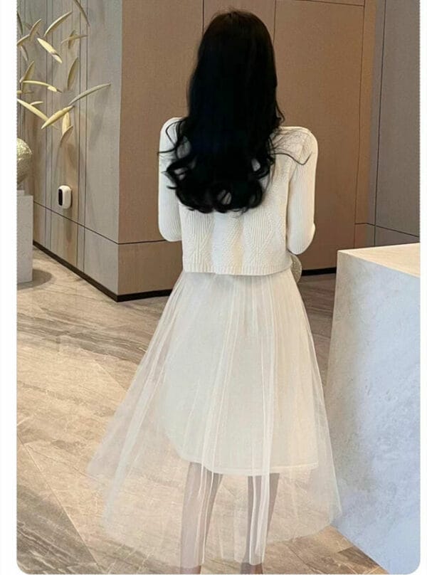 Pretty 3 Colors Bowknot Knit Vest with Gauze Fluffy Long Sleeve Dress 7