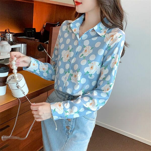 Pretty Autumn Fashion Dots Flowers Long Sleeve Blouse 5