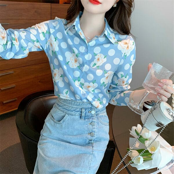 Pretty Autumn Fashion Dots Flowers Long Sleeve Blouse 4