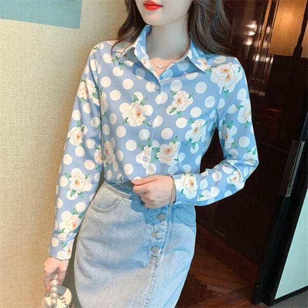 Pretty Autumn Fashion Dots Flowers Long Sleeve Blouse 3