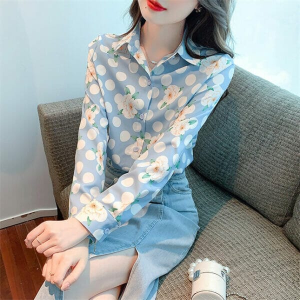 Pretty Autumn Fashion Dots Flowers Long Sleeve Blouse 2