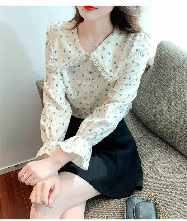 Pretty Fashion 2 Colors Doll Collar Flowers Long Sleeve Blouse 6