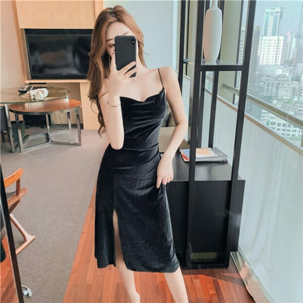 Pretty Fashion 2 Colors Tie Waist Velvet Straps Dress 4