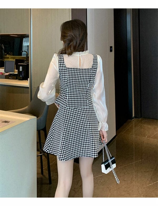 Pretty Fashion Bowknot Puff Sleeve Tops with Plaids Skirt 5