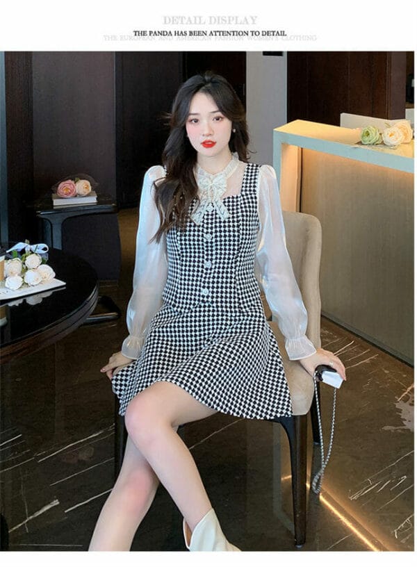 Pretty Fashion Bowknot Puff Sleeve Tops with Plaids Skirt 2