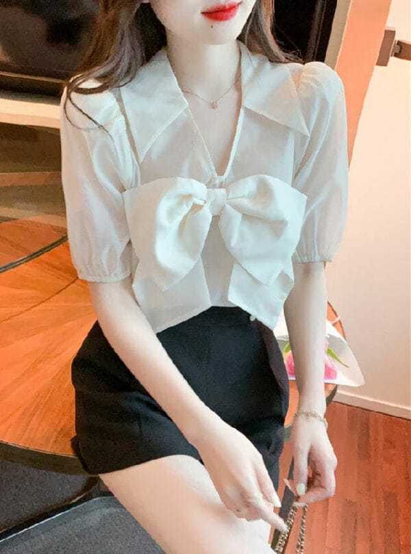 Pretty Fashion Bowknot V-neck Puff Sleeve Chiffon Blouse 5