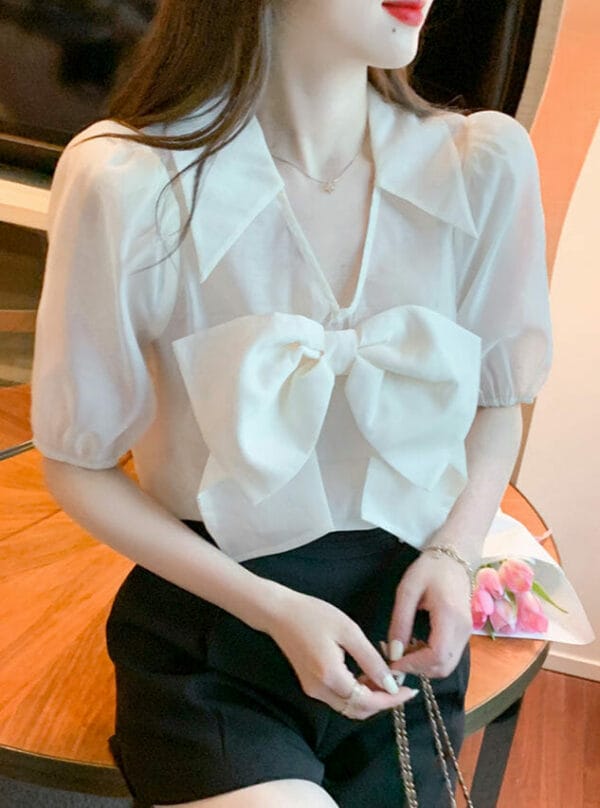 Pretty Fashion Bowknot V-neck Puff Sleeve Chiffon Blouse 2