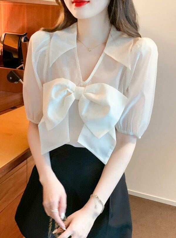 Pretty Fashion Bowknot V-neck Puff Sleeve Chiffon Blouse 1