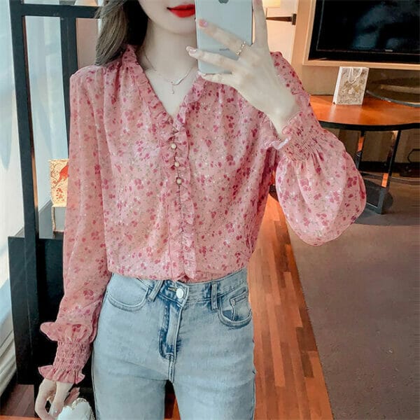 Pretty Fashion Flouncing V-neck Flowers Chiffon Blouse 3