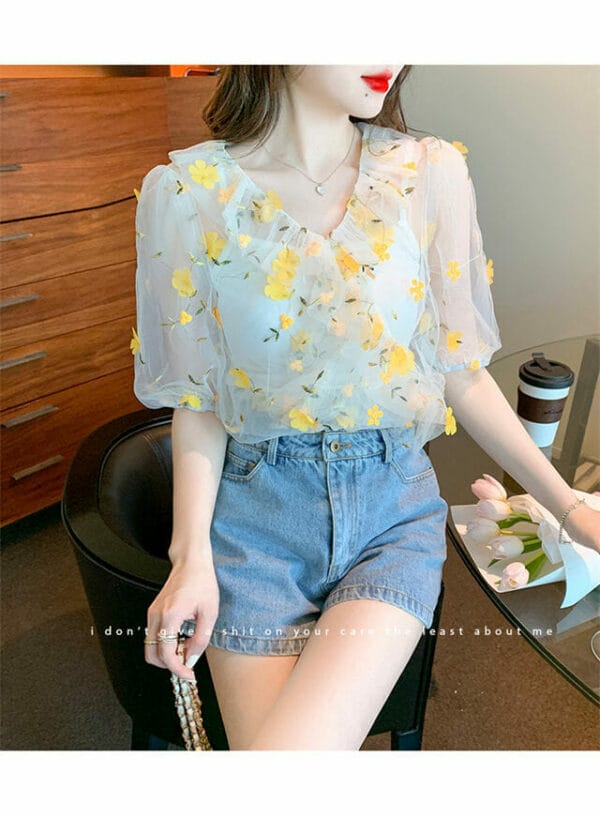 Pretty Fashion Flouncing V-neck Flowers Gauze Blouse 4