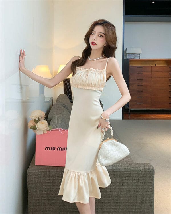 Pretty Fashion Pleated Bust Fishtail Straps Slim Dress 3