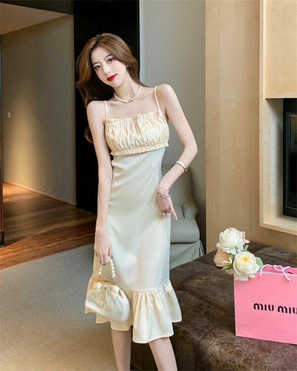 Pretty Fashion Pleated Bust Fishtail Straps Slim Dress 2