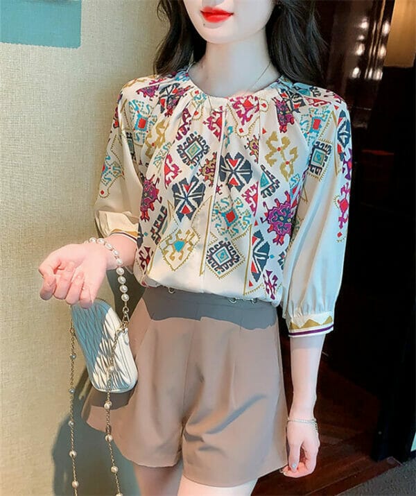 Pretty Fashion Round Neck Flowers Puff Sleeve Blouse 2