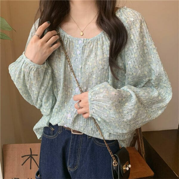 Pretty Fashion Round Neck Flowers Puff Sleeve Chiffon Blouse 5