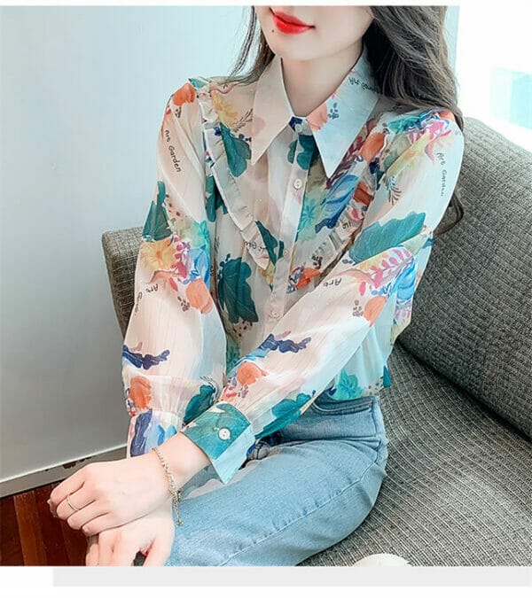 Pretty Fashion Shirt Collar Flowers Loosen Chiffon Blouse 5