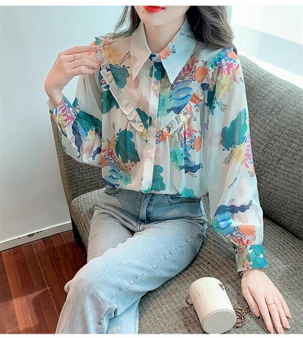 Pretty Fashion Shirt Collar Flowers Loosen Chiffon Blouse 4