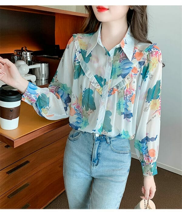 Pretty Fashion Shirt Collar Flowers Loosen Chiffon Blouse 3