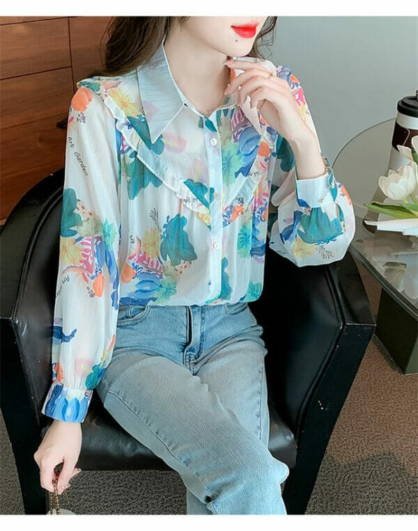 Pretty Fashion Shirt Collar Flowers Loosen Chiffon Blouse 2