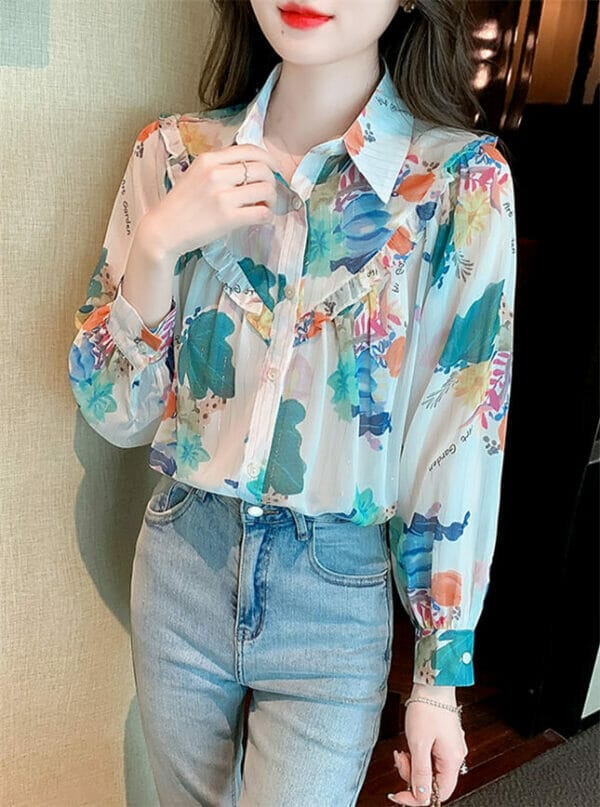 Pretty Fashion Shirt Collar Flowers Loosen Chiffon Blouse 1