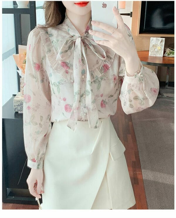 Pretty Fashion Tie Collar Flowers Loosen Chiffon Blouse 5