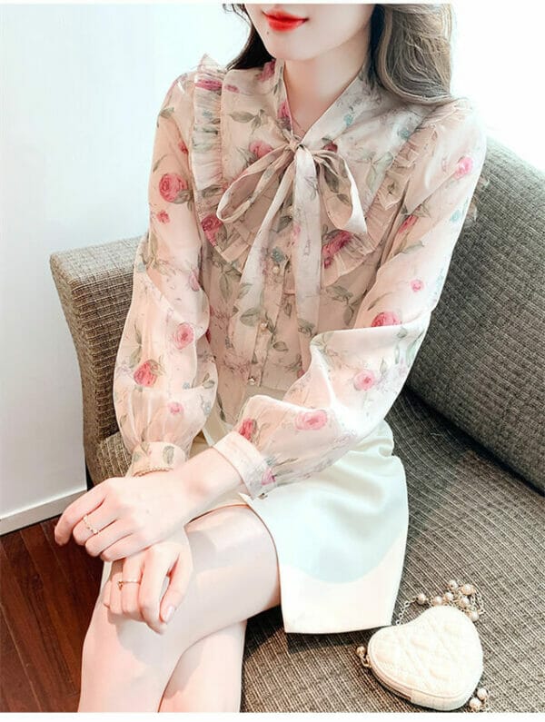 Pretty Fashion Tie Collar Flowers Loosen Chiffon Blouse 4