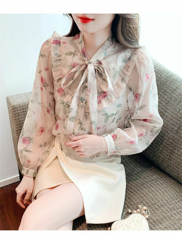 Pretty Fashion Tie Collar Flowers Loosen Chiffon Blouse 3