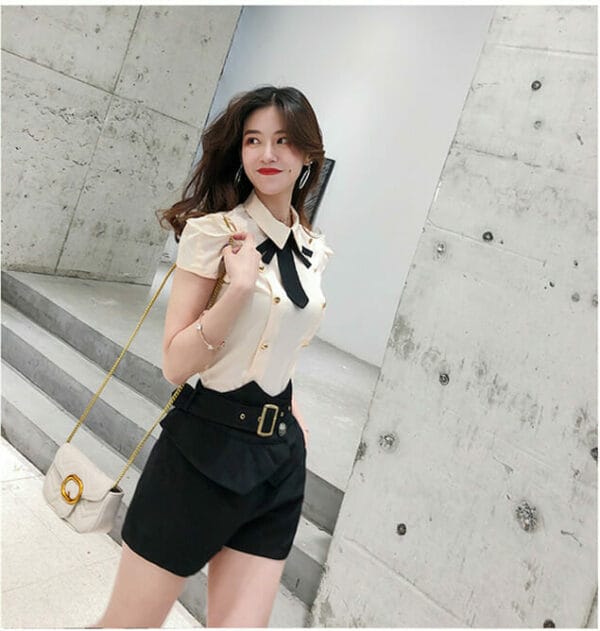 Pretty Girlish Bowknot Double-breasted Blouse with Short Pants 4