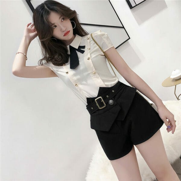 Pretty Girlish Bowknot Double-breasted Blouse with Short Pants 3