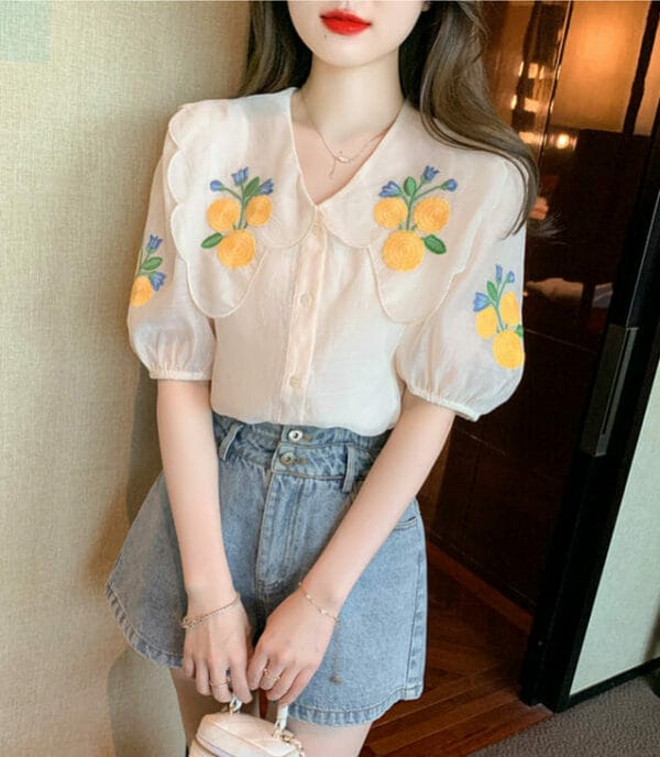 Pretty Girls Flowers Embroidery Doll Collar Short Sleeve Blouse 5