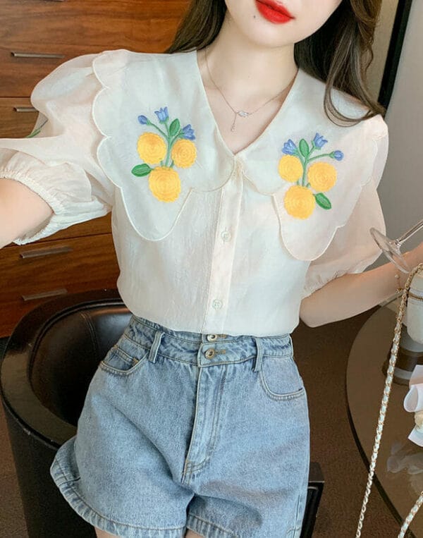 Pretty Girls Flowers Embroidery Doll Collar Short Sleeve Blouse 3