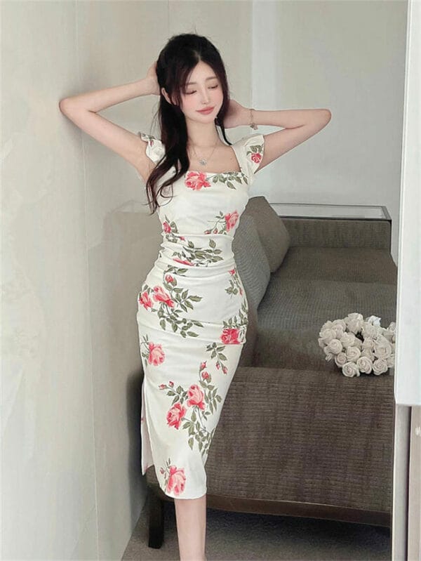 Pretty High Waist Flowers Split Slim Tank Dress 4