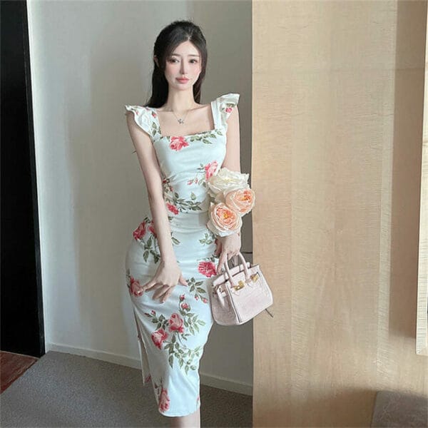 Pretty High Waist Flowers Split Slim Tank Dress 2