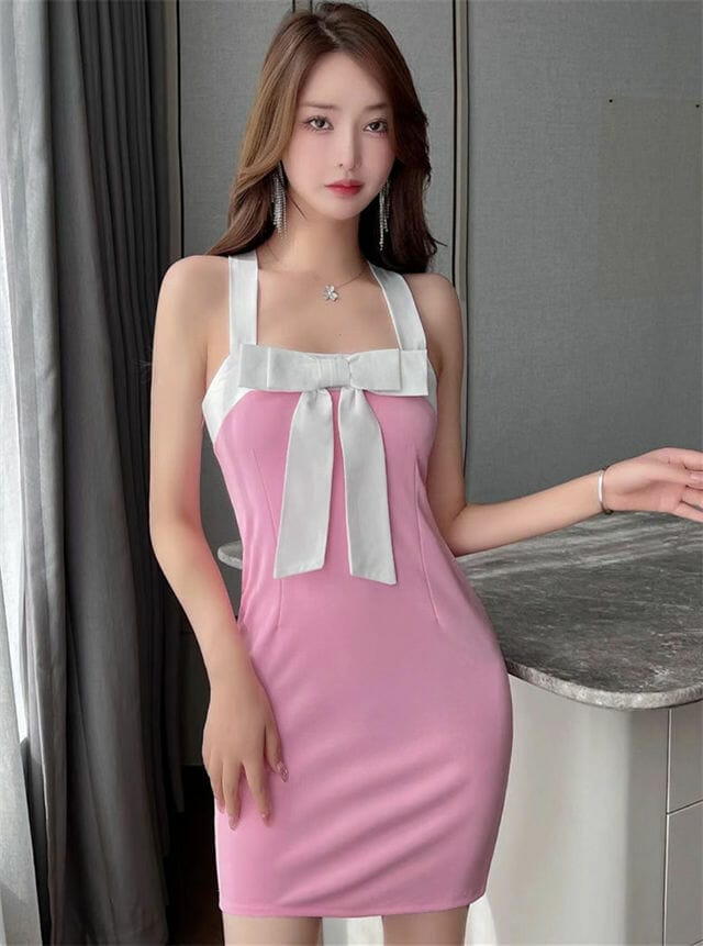 Pretty Korea 3 Colors Bowknot Straps Skinny Dress • Seoulinspired