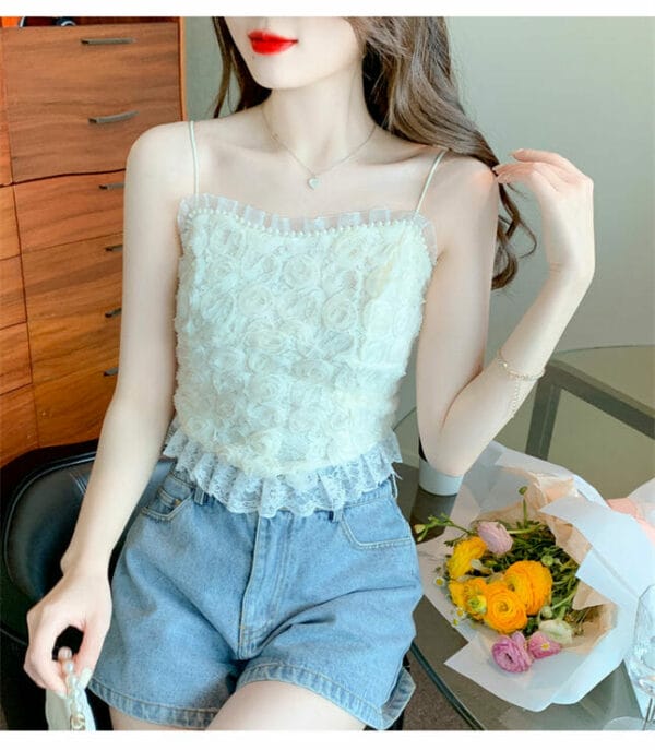 Pretty Korea Beads Stereos Gauze Flowers Short Camisole 3