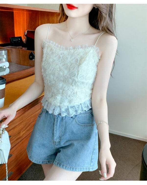 Pretty Korea Beads Stereos Gauze Flowers Short Camisole 2