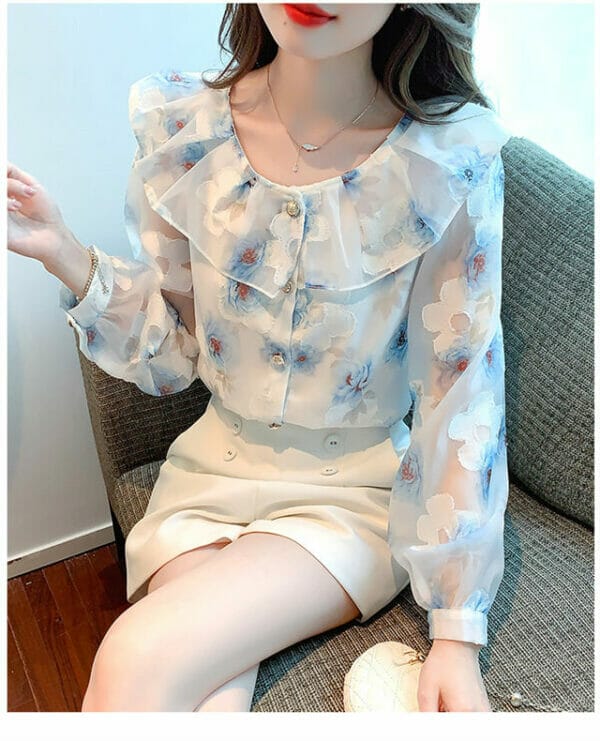 Pretty Korea Doll Collar Flowers Embroidery Loosen Blouse 5