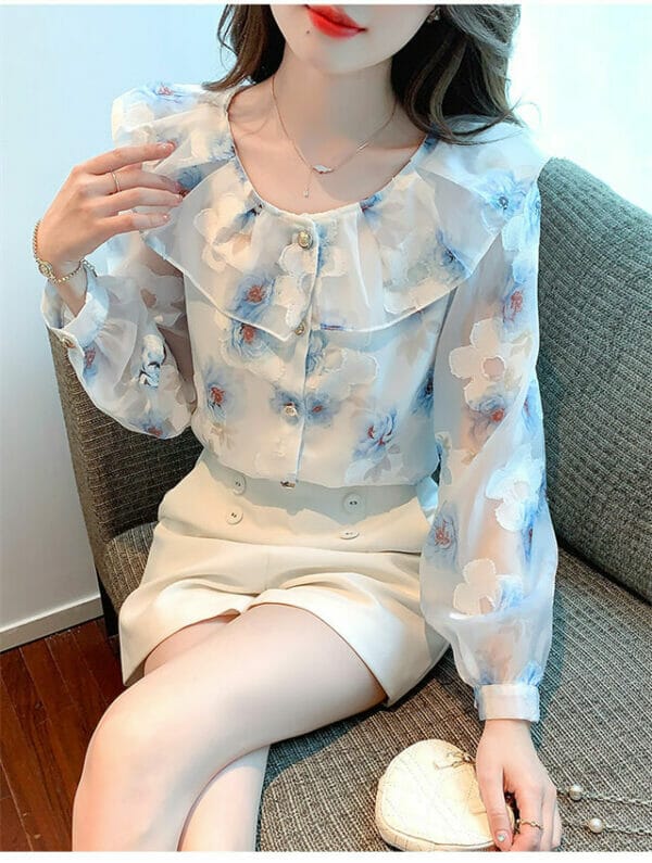 Pretty Korea Doll Collar Flowers Embroidery Loosen Blouse 4