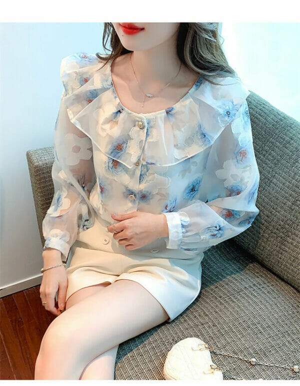 Pretty Korea Doll Collar Flowers Embroidery Loosen Blouse 3