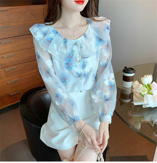 Pretty Korea Doll Collar Flowers Embroidery Loosen Blouse 2