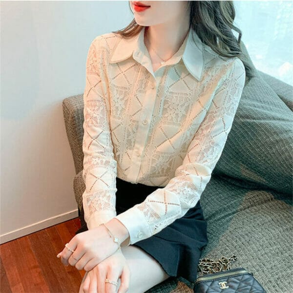 Pretty Korea Flowers Hollow Out Shirt Collar Lace Blouse 5