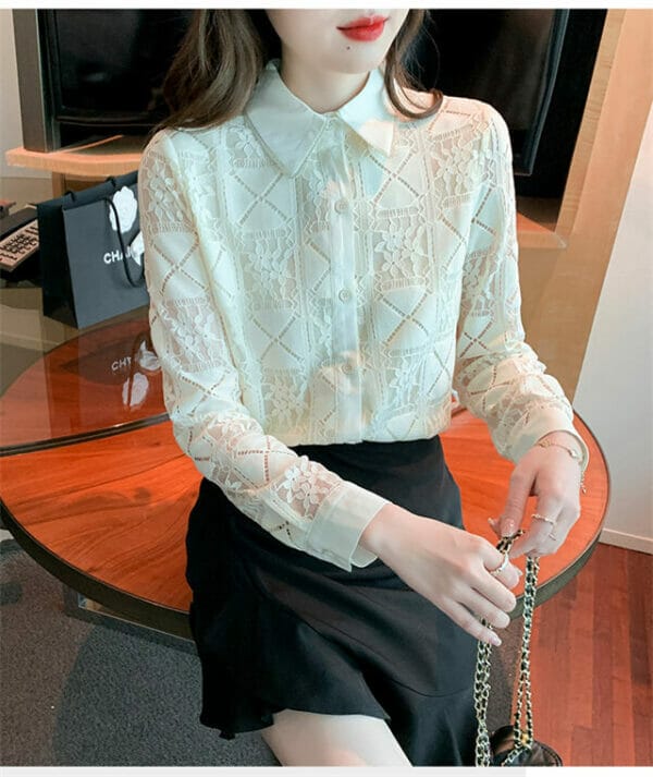 Pretty Korea Flowers Hollow Out Shirt Collar Lace Blouse 3