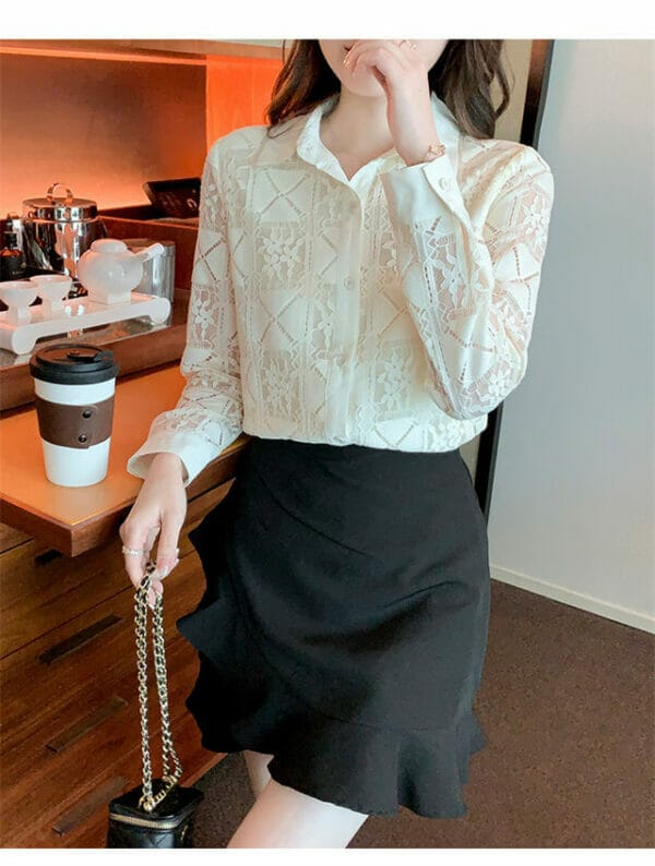 Pretty Korea Flowers Hollow Out Shirt Collar Lace Blouse 2