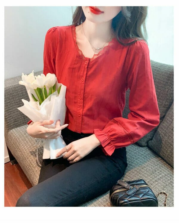 Pretty Korea Lace V-neck Buttons Open Long Sleeve Blouse 5