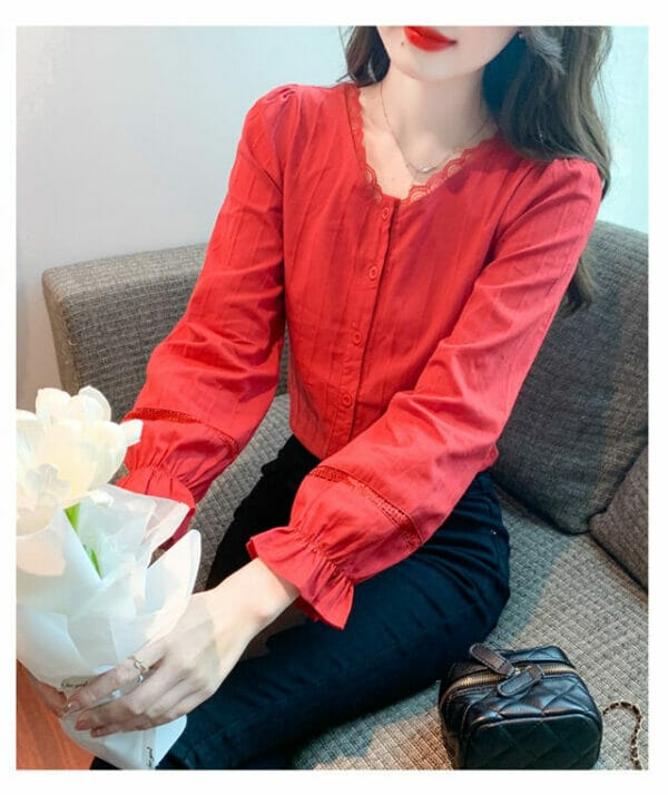 Pretty Korea Lace V-neck Buttons Open Long Sleeve Blouse 4