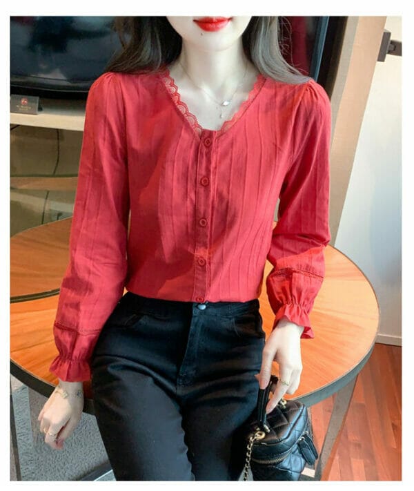 Pretty Korea Lace V-neck Buttons Open Long Sleeve Blouse 3