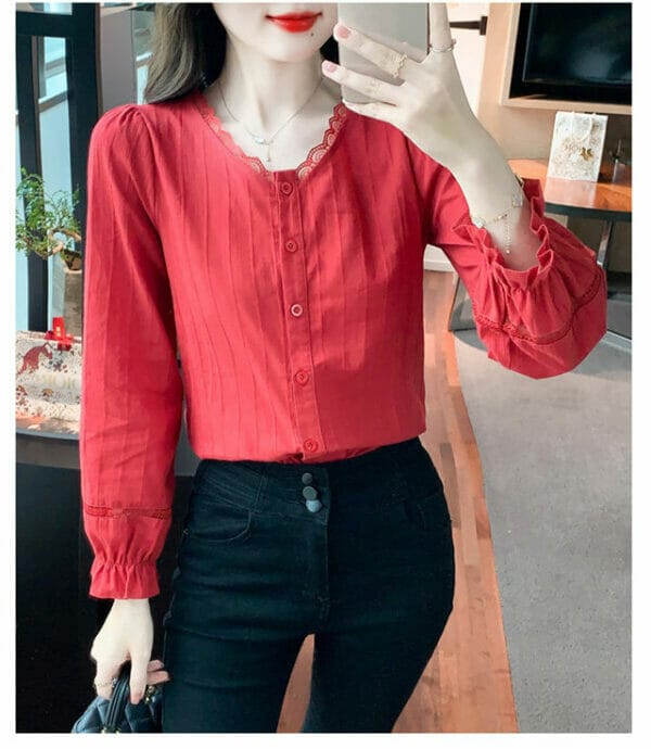 Pretty Korea Lace V-neck Buttons Open Long Sleeve Blouse 2