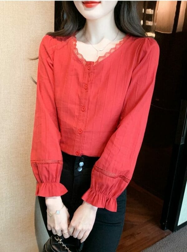 Pretty Korea Lace V-neck Buttons Open Long Sleeve Blouse 1