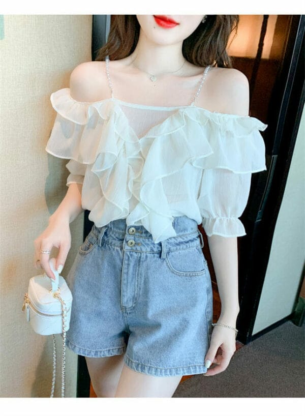 Pretty Lady 2 Colors Pearl Straps Flouncing Boat Neck Blouse 4