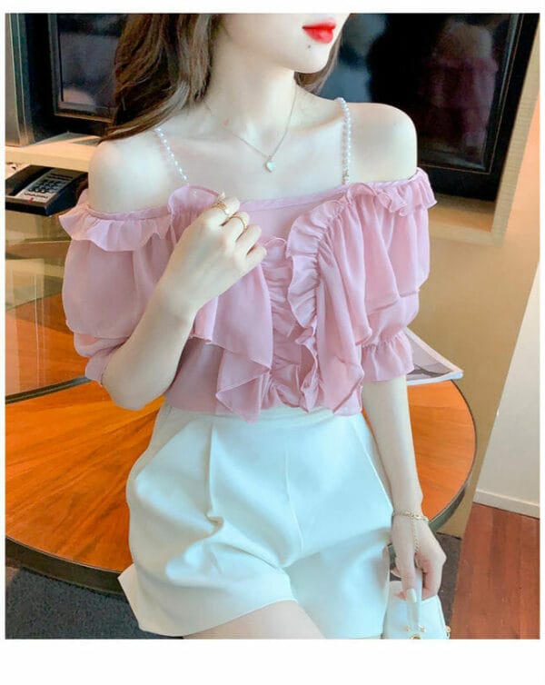 Pretty Lady 2 Colors Pearl Straps Flouncing Boat Neck Blouse 3